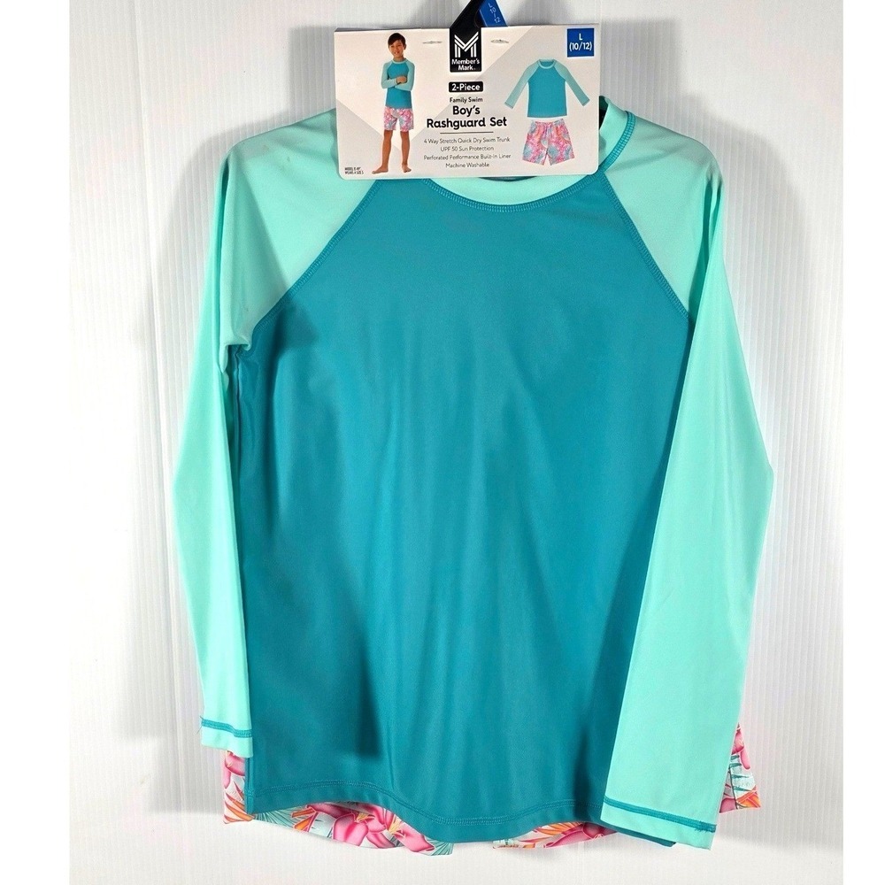 Member's Mark Boys 2 Piece Rashguard Set Swim Trunk Size 10 12 Aqua Blue Floral